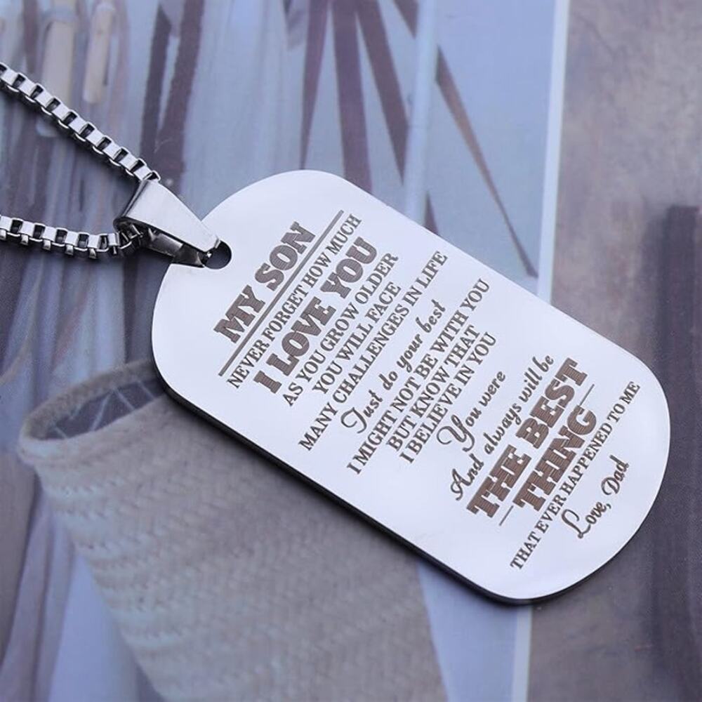 To Son From Dad Engraved Dog Tag Pendant Necklace